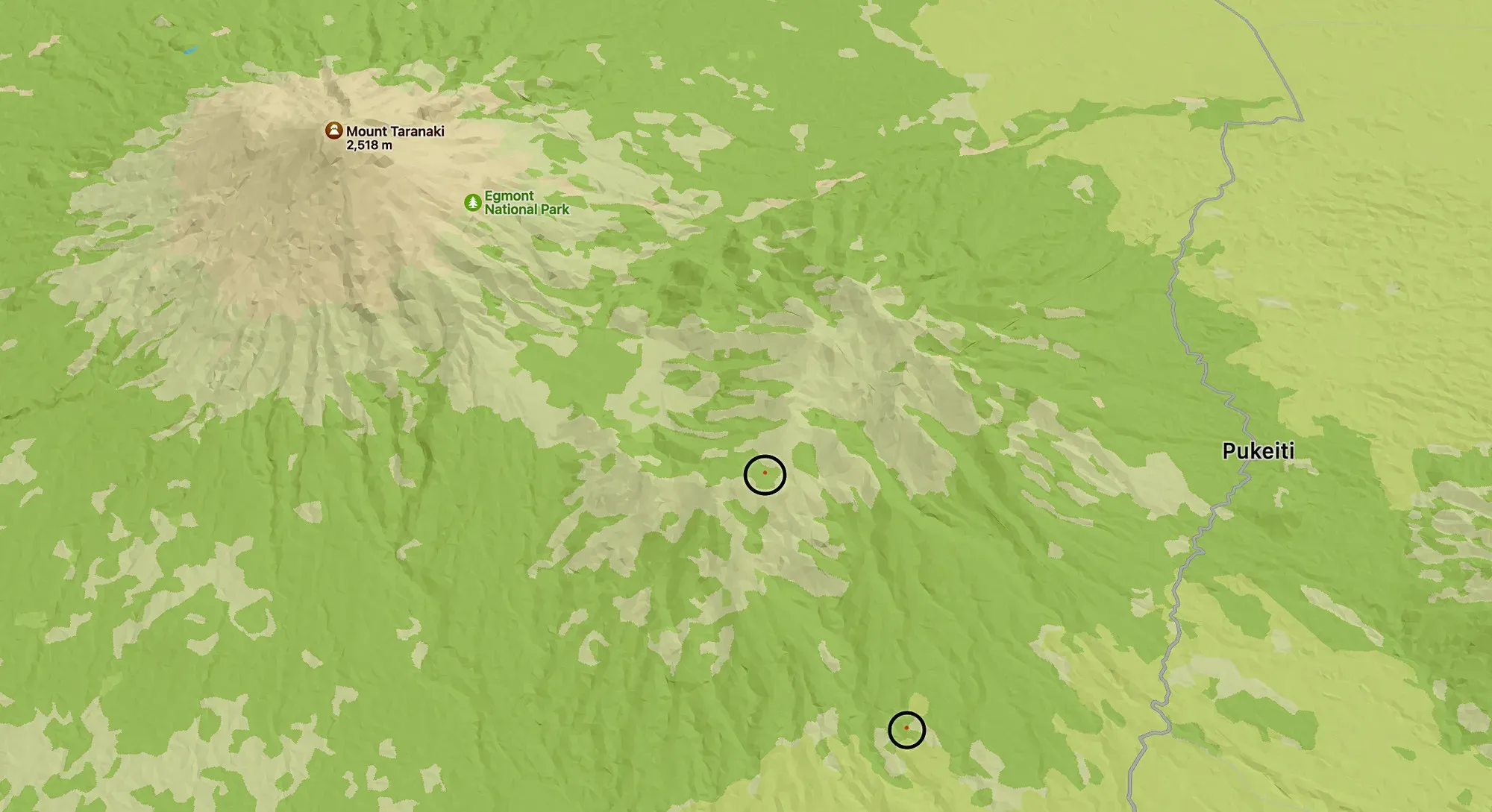 Map of the Mangorei Track: the bottom circle is the carpark and the centre circle is the reflective tarn
