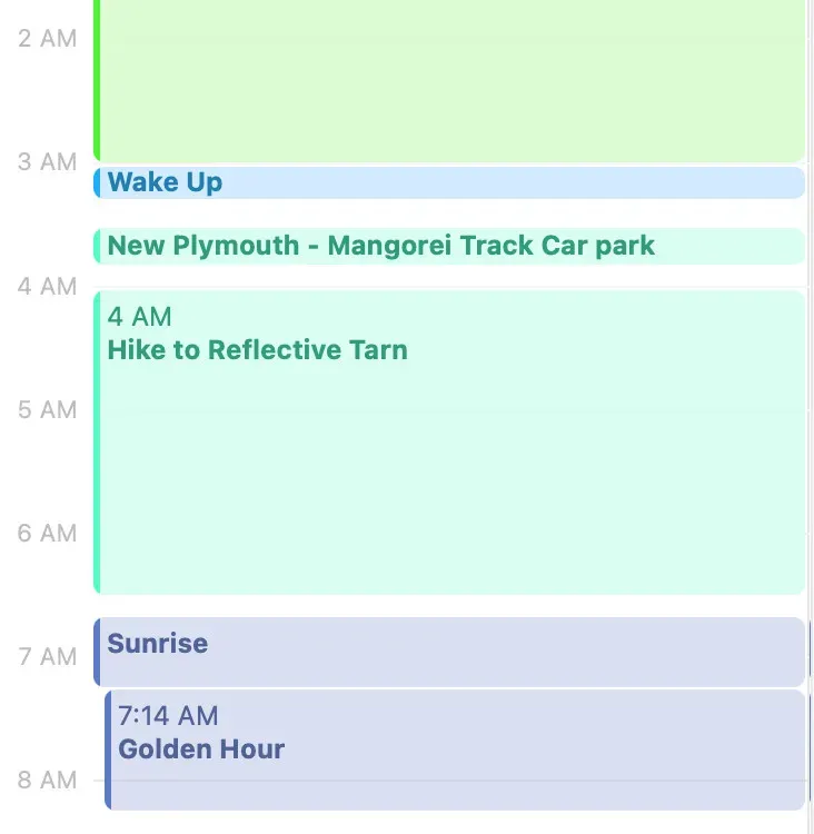A calendar plan: wake up, drive to the Mangorei Track car park, hike to the reflective tarn, sunrise, and golden hour